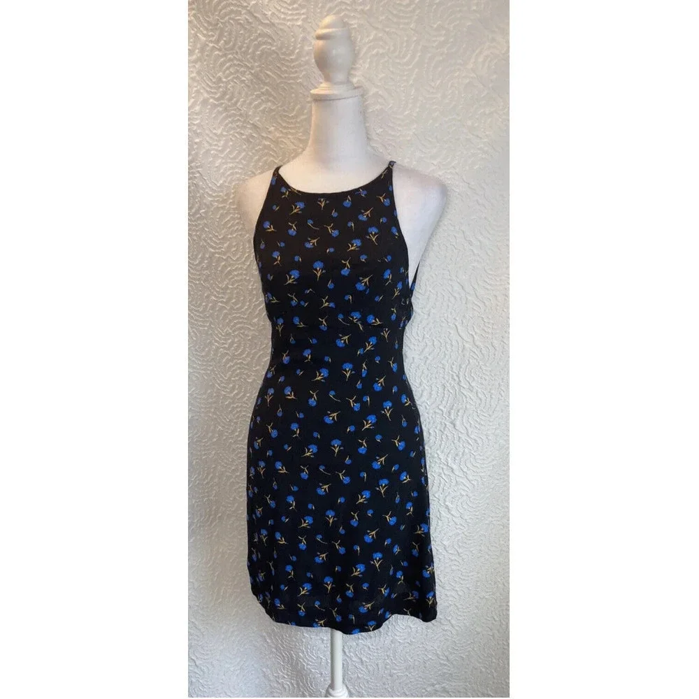 Urban Outfitters UO Mabel Black Blue Floral High-Neck Empire Mini Dress Size 0